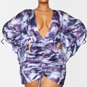Plus Purple Tie Dye Satin Plunge Runched Front Dress